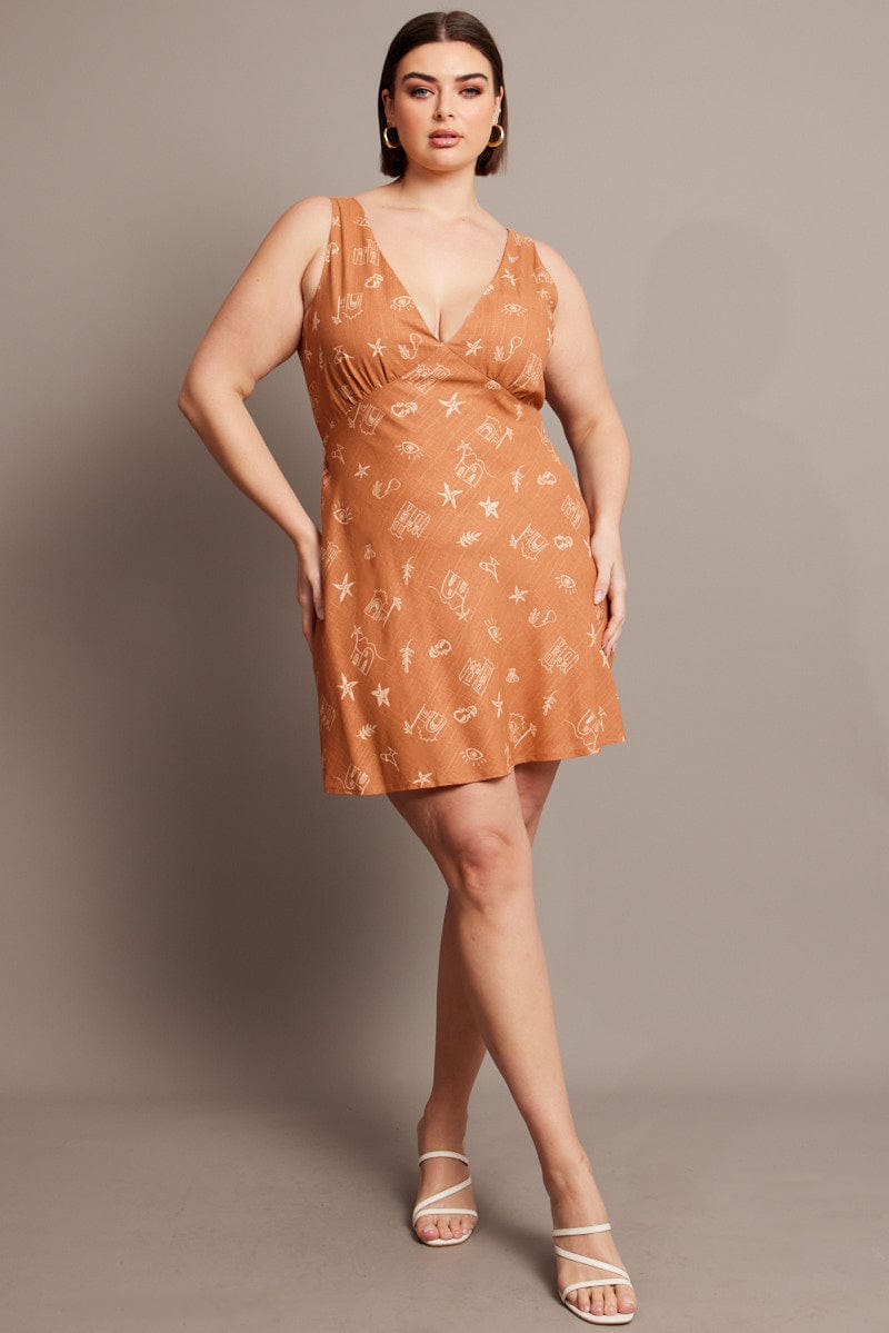 Brown Abstract V-neck Sleeveless Mini Dress | You & All Brown Abstract V-neck Sleeveless Mini Dress | You & All