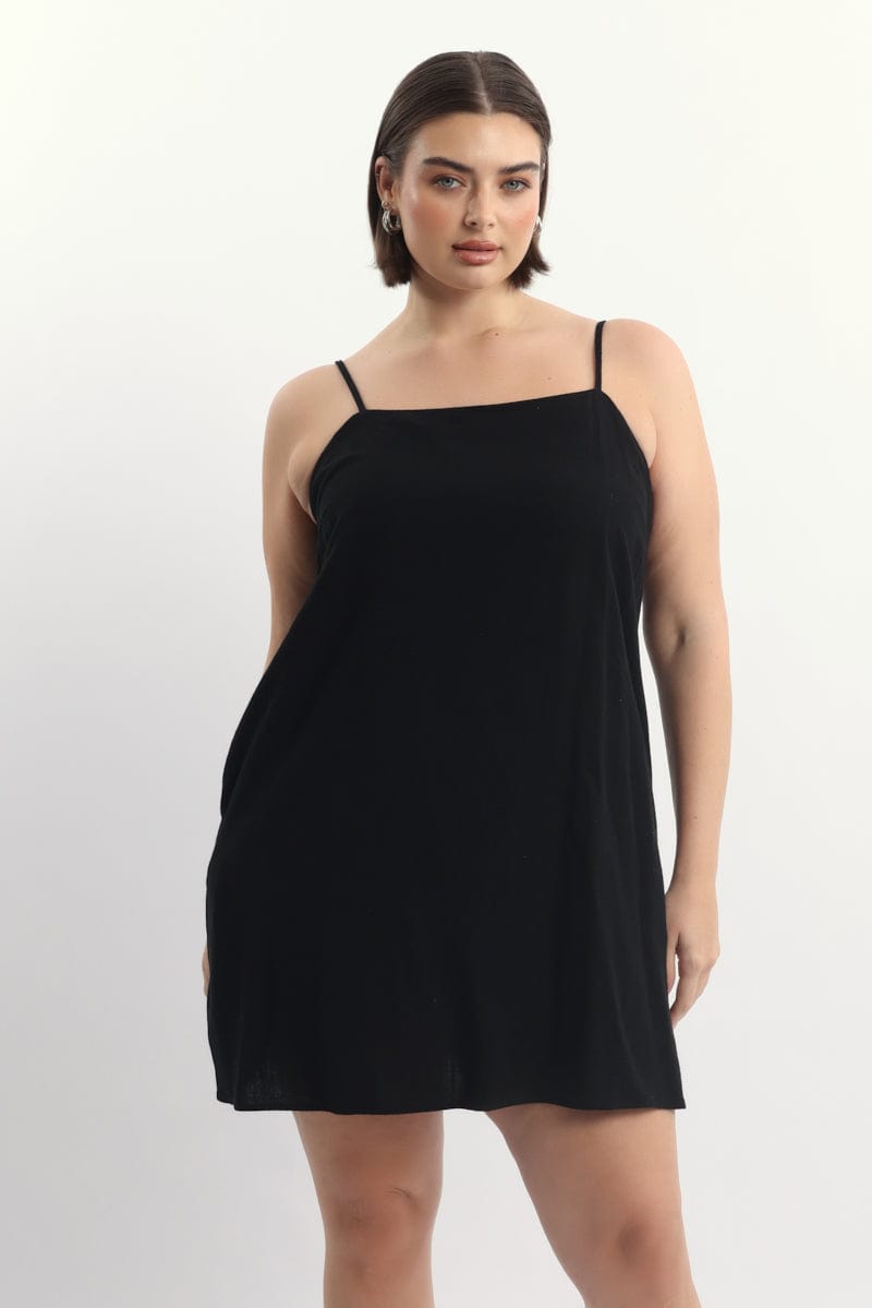 Black Square Neck Shoestring Strap Shift Mini Dress for YouandAll Fashion