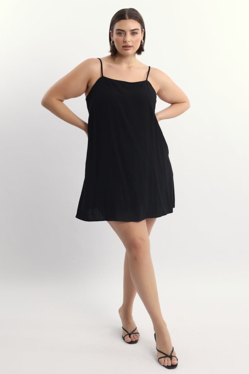 Black Square Neck Shoestring Strap Shift Mini Dress for YouandAll Fashion