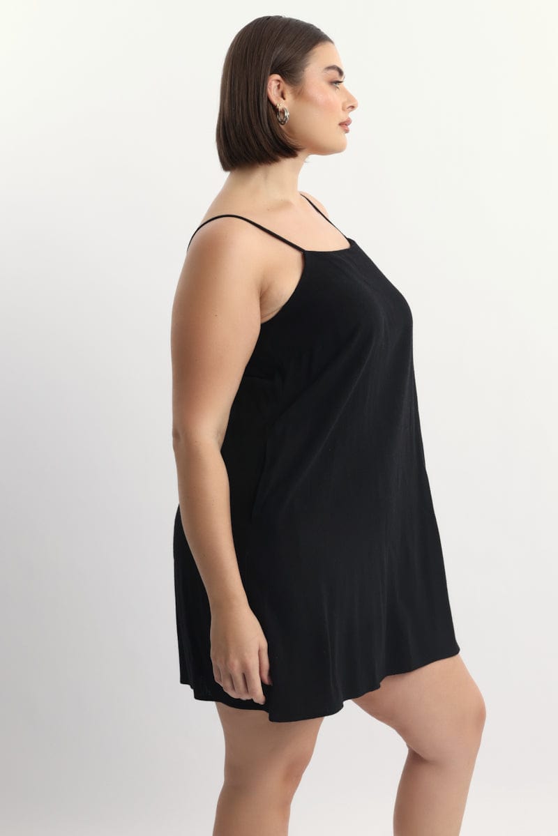 Black Square Neck Shoestring Strap Shift Mini Dress for YouandAll Fashion