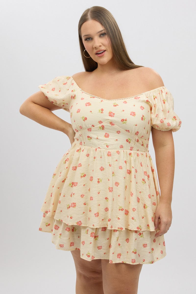 Pink Floral Sweetheart Neck Lace Trim Minidress for YouandAll Fashion