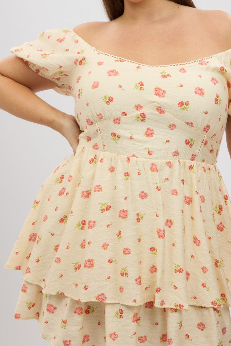 Pink Floral Sweetheart Neck Lace Trim Minidress for YouandAll Fashion