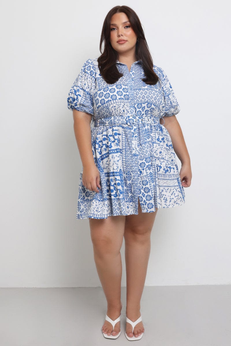 White Boho Puff Sleeve Belted Mini Shirtdress for YouandAll Fashion