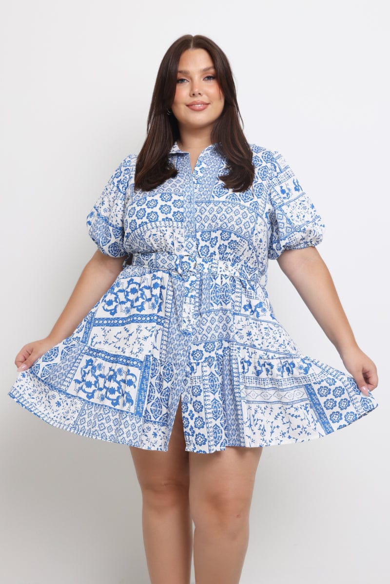 White Boho Puff Sleeve Belted Mini Shirtdress for YouandAll Fashion