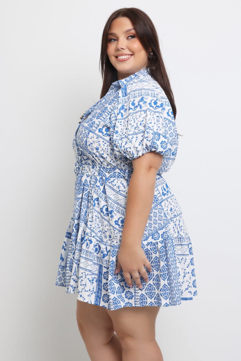 White Boho Puff Sleeve Belted Mini Shirtdress for YouandAll Fashion