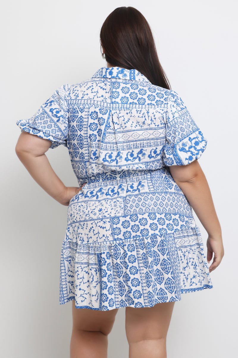 White Boho Puff Sleeve Belted Mini Shirtdress for YouandAll Fashion