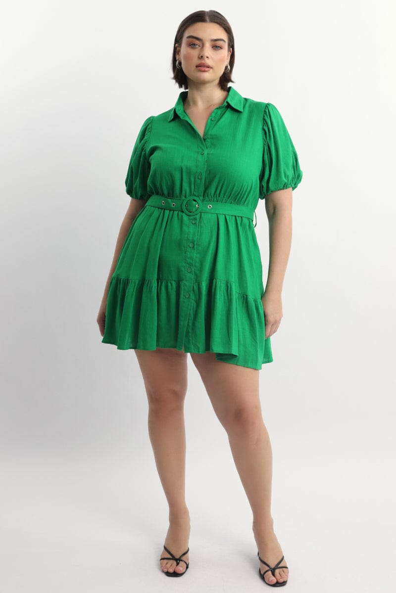 Green Puff Sleeve Belted Mini Shirtdress for YouandAll Fashion