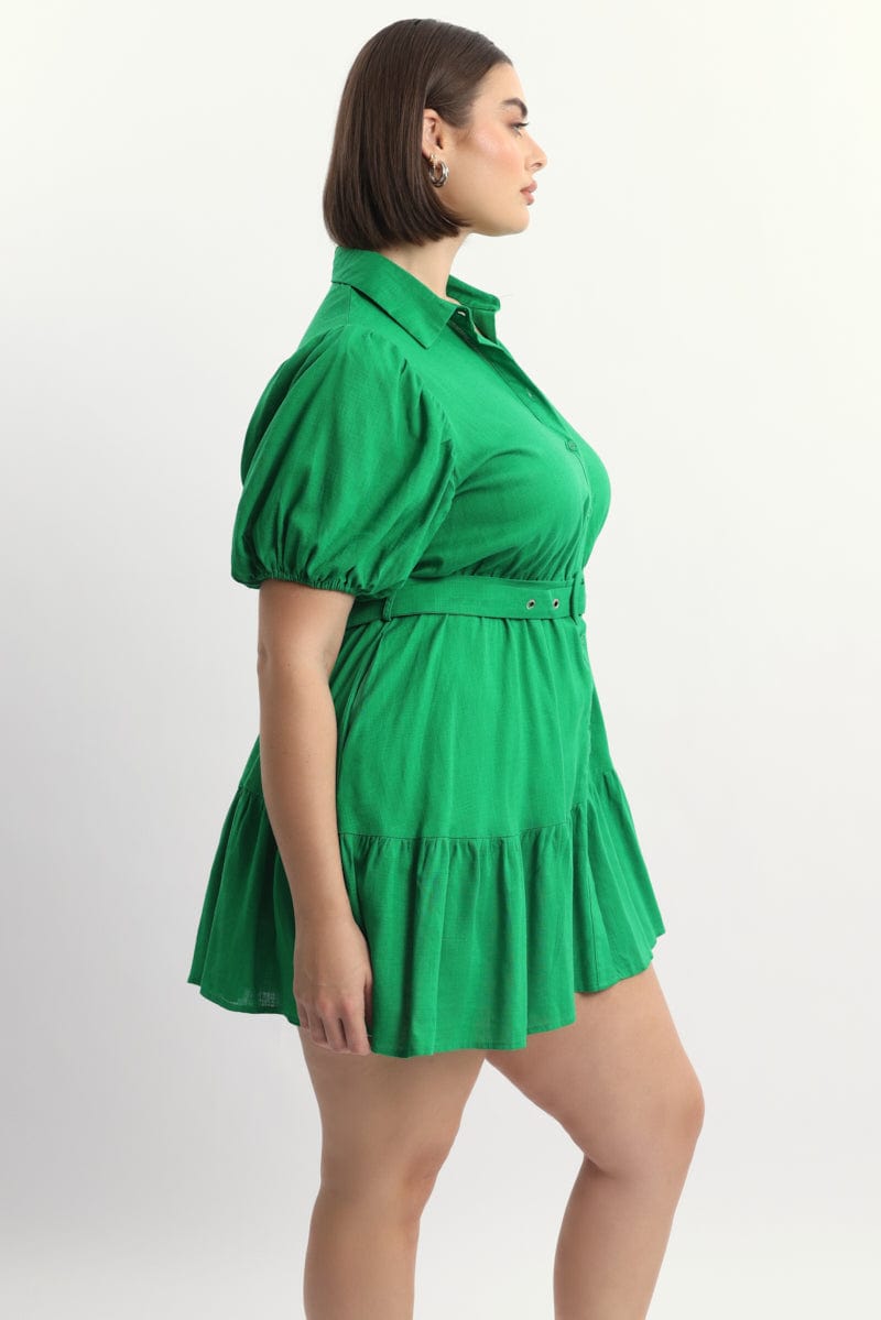 Green Puff Sleeve Belted Mini Shirtdress for YouandAll Fashion