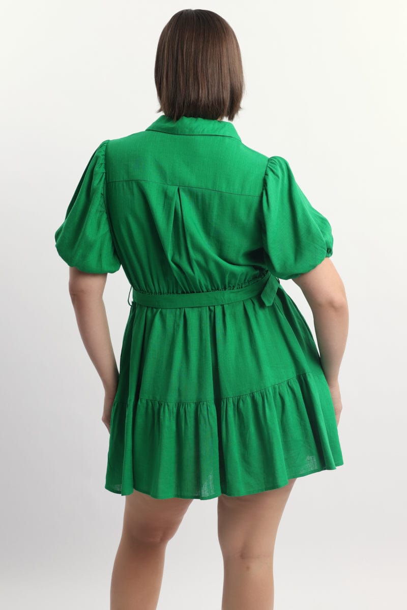 Green Puff Sleeve Belted Mini Shirtdress for YouandAll Fashion