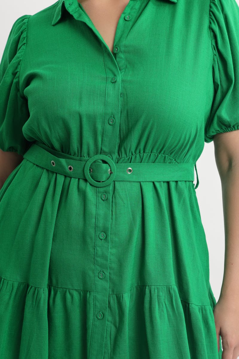 Green Puff Sleeve Belted Mini Shirtdress for YouandAll Fashion