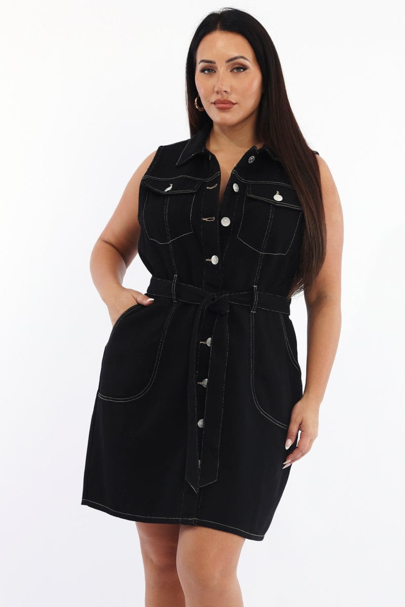 Black Button Thru Denim Sleeveless Dress You All - Main Image