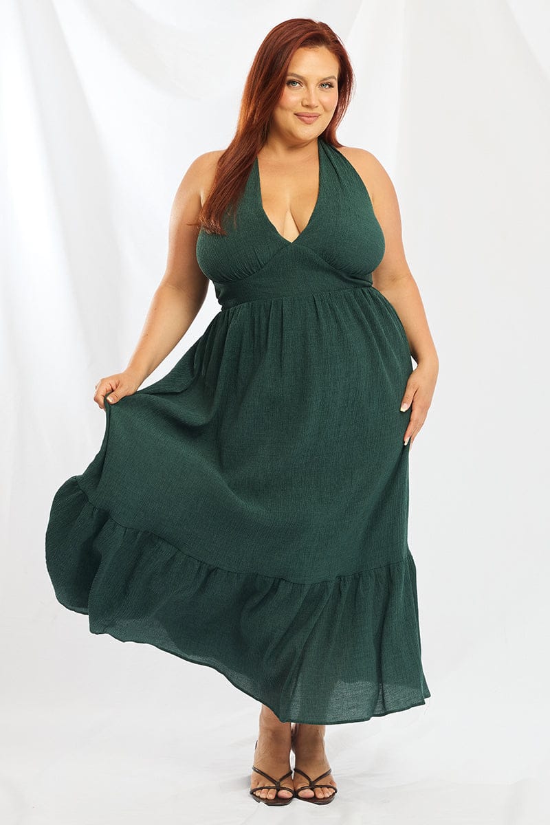 Green Midi Dress Sleeveless Halter Neck Textured | You & All Green Midi Dress Sleeveless Halter Neck Textured | You & All