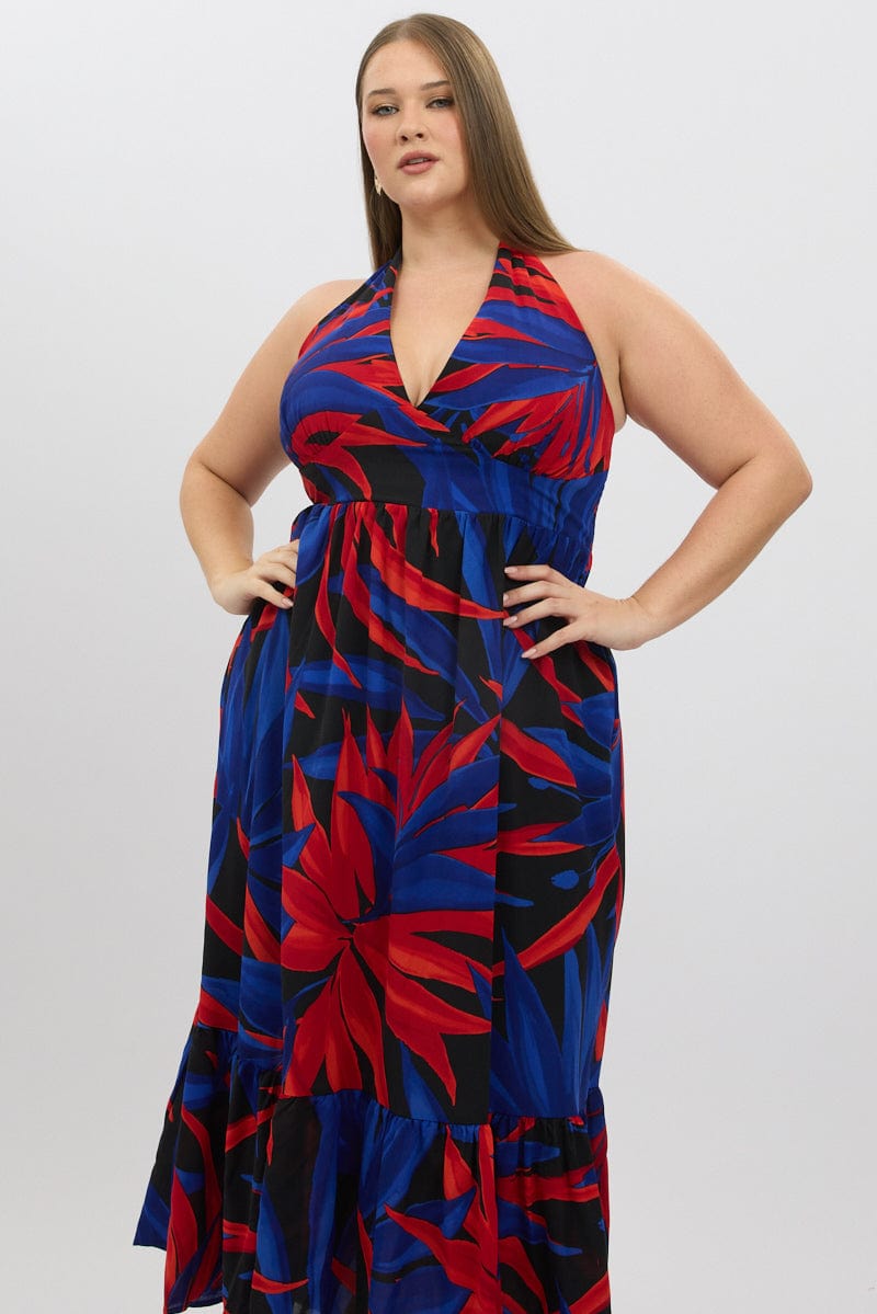 Black Floral Halter Dress Sleeveless Tiered for YouandAll Fashion