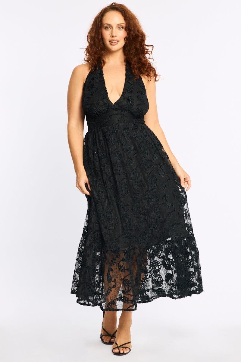 princess polly baby blue dress Black Halter Neck Lace Maxi Dress main image 0