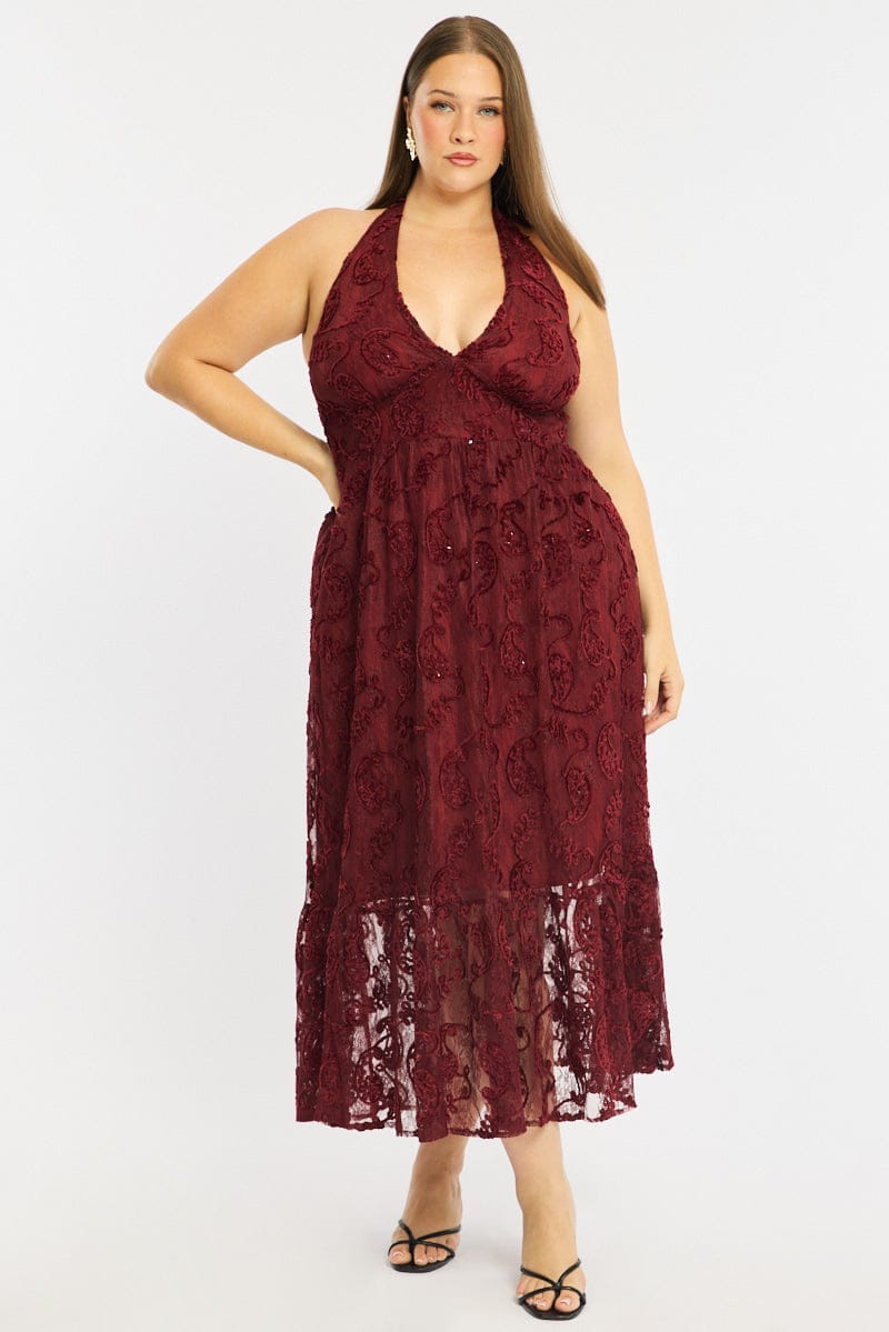 Red Maxi Dress Sleeveless Halter Neck Lace | You & All