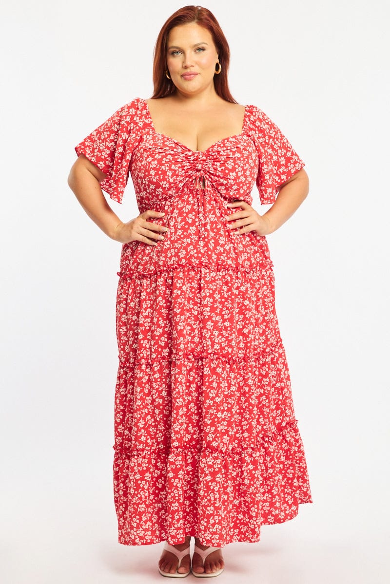 Red Ditsy Maxi Dress Short Sleeve Ruched Bust Red Ditsy Maxi Dress Short Sleeve Ruched Bust