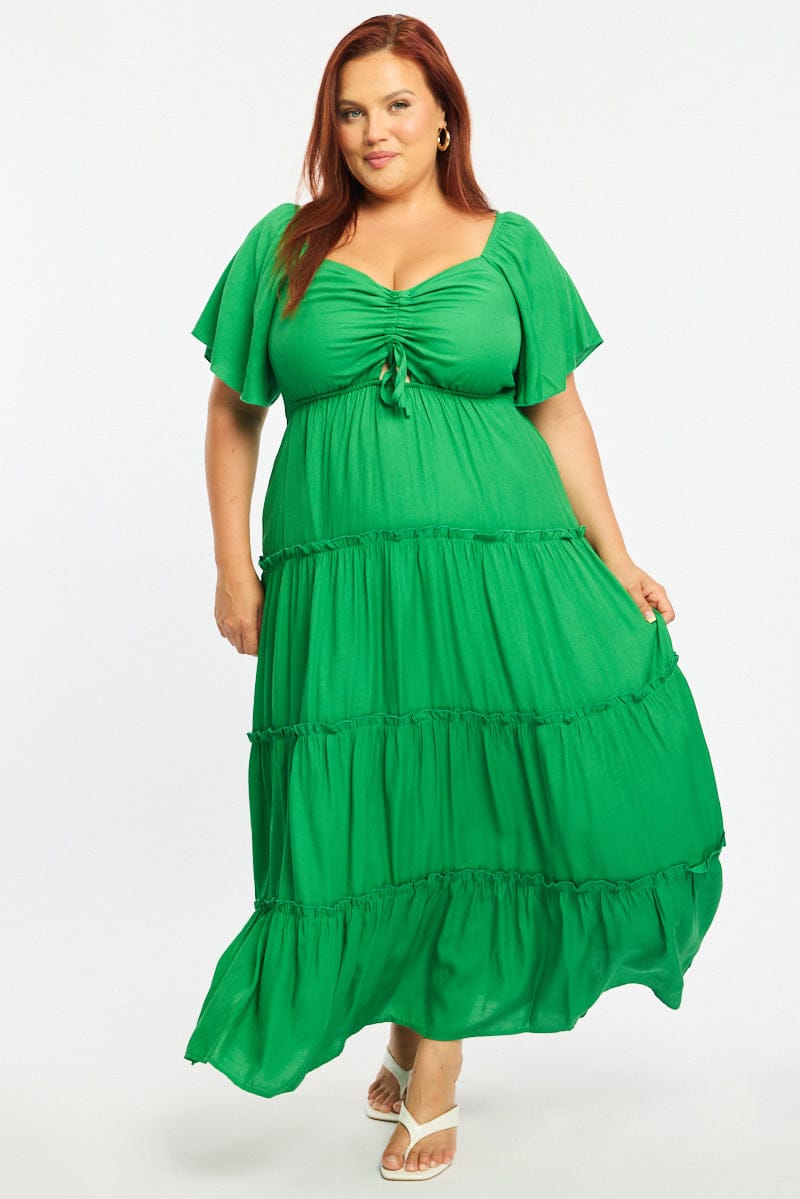 Green Maxi Dress Short Sleeve Ruched Bust | You & All Green Maxi Dress Short Sleeve Ruched Bust | You & All
