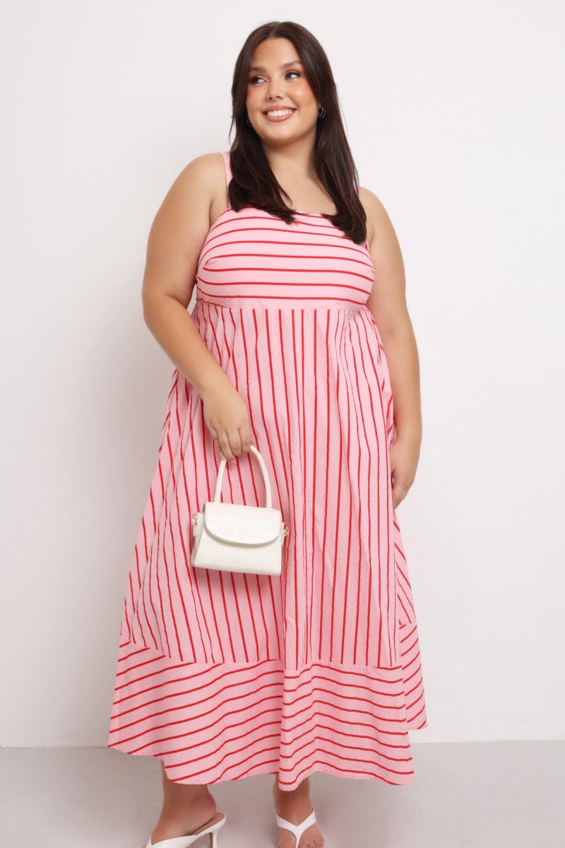 Pink Stripe Maxi Dress Sleeveless for YouandAll Fashion