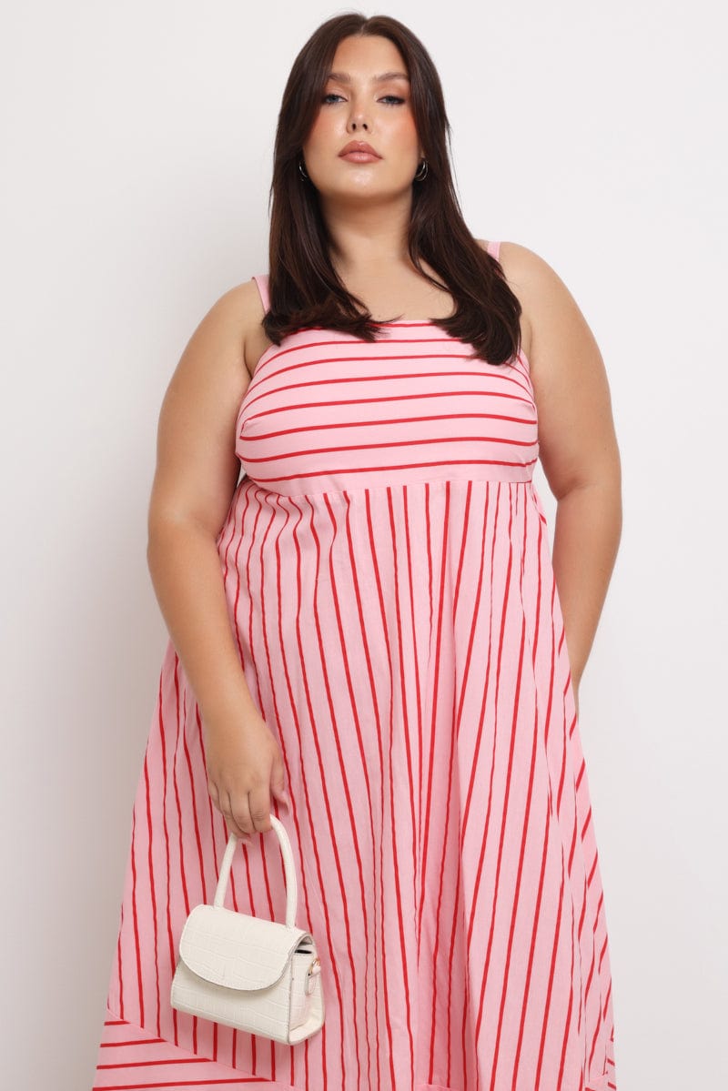 Pink Stripe Maxi Dress Sleeveless for YouandAll Fashion