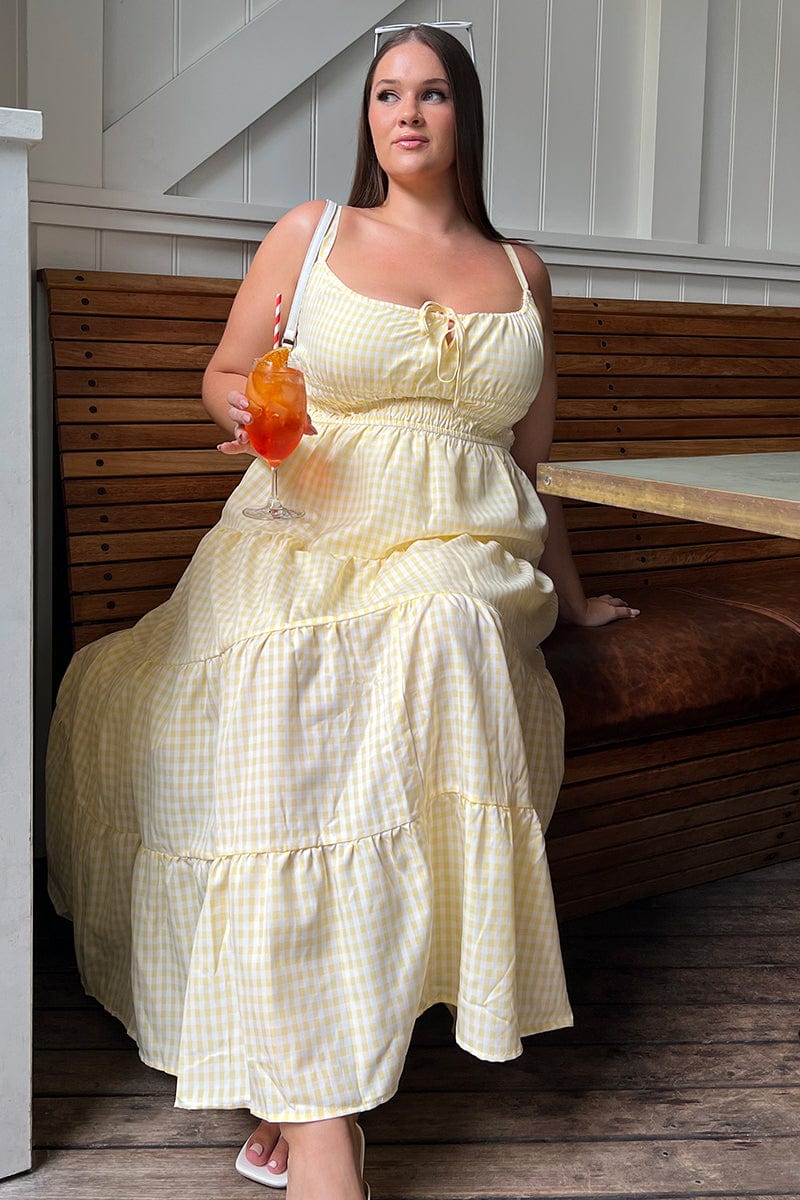 yellow dress plus size Yellow Check Midi Dress Sleeveless Tiered
