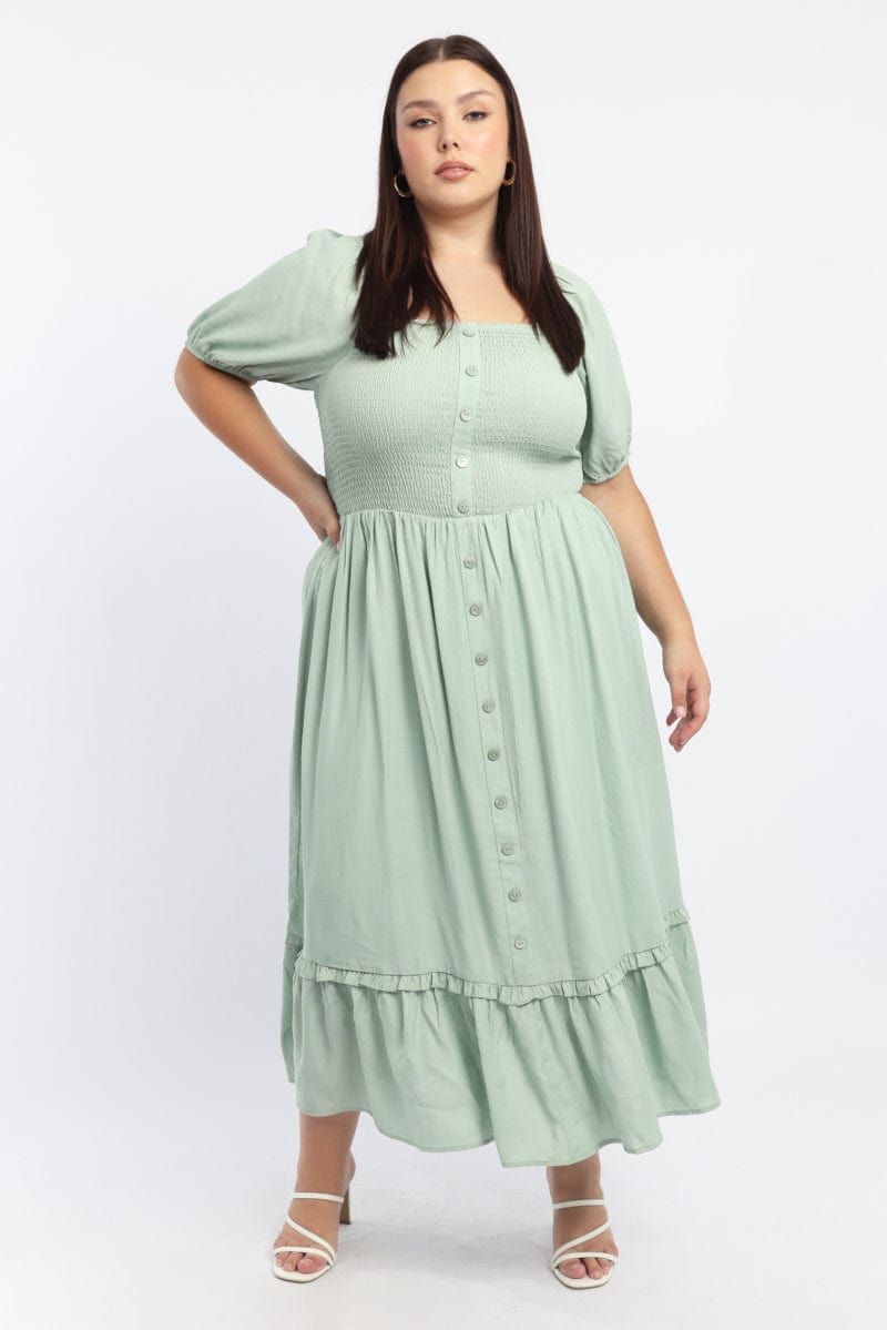 Green Midi Dress Short Sleeve Shirred Bust for YouandAll Fashion