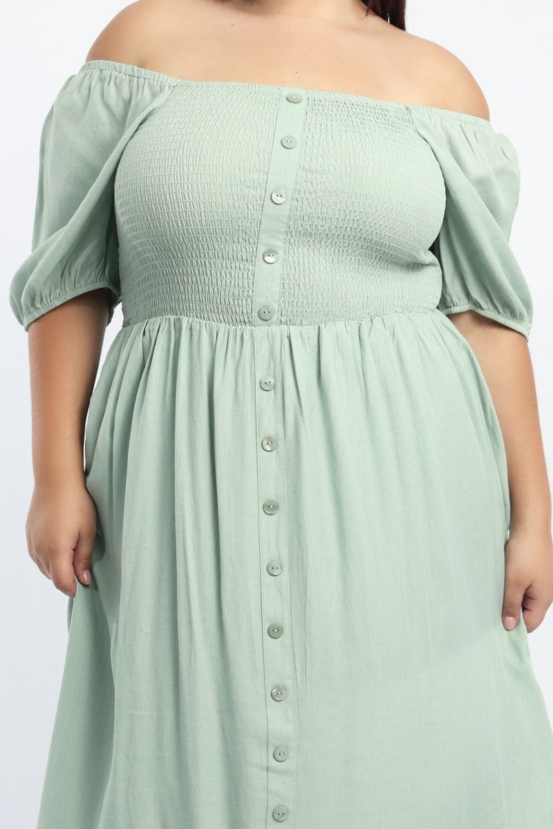 Green Midi Dress Short Sleeve Shirred Bust for YouandAll Fashion