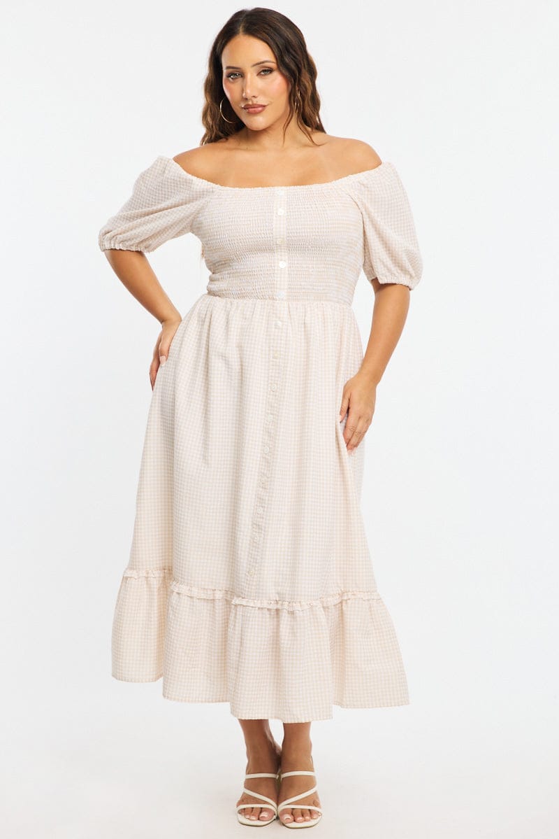Beige Check Midi Dress Short Sleeve Tie Back Shirred | You & All Beige Check Midi Dress Short Sleeve Tie Back Shirred | You & All