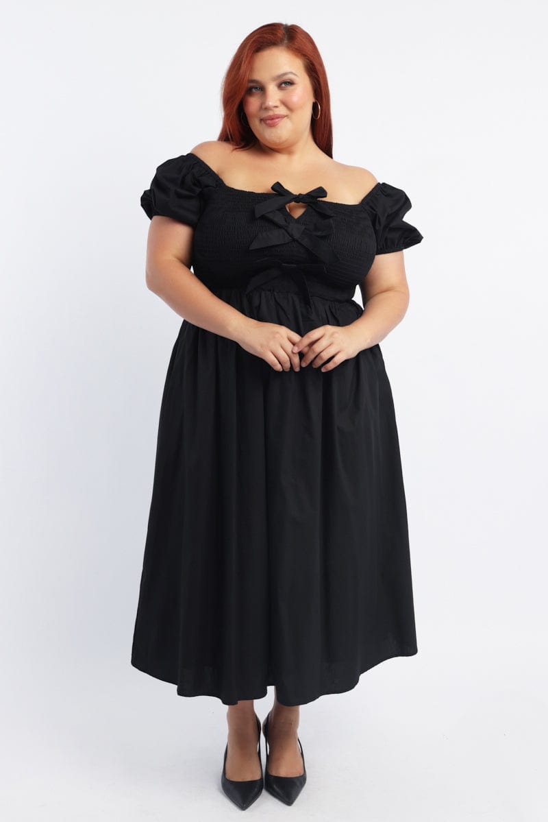 Black Midi Dress Short Sleeve Shirred Body Ribbon Front You All