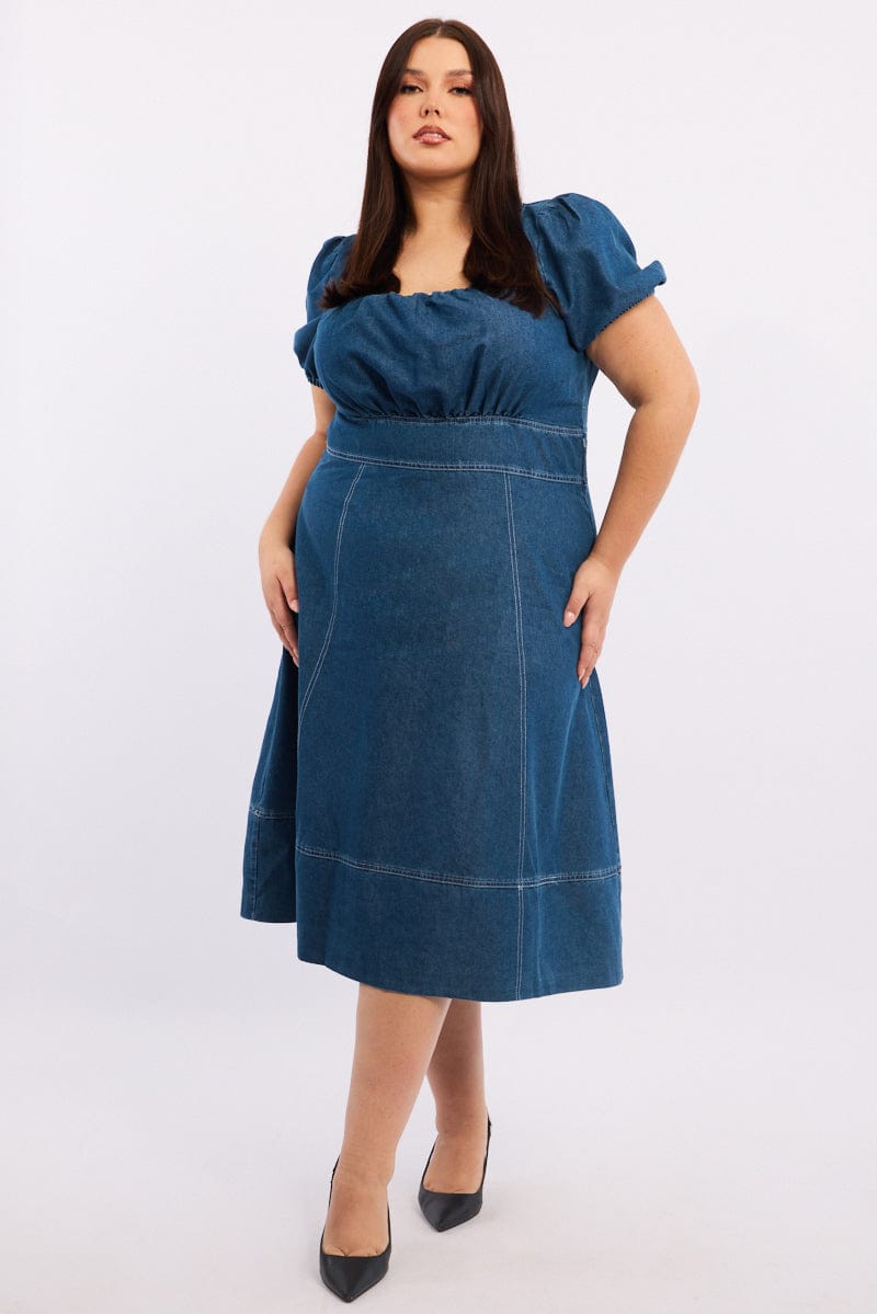 Denim Midi Dress Short Sleeve Ruched Bust | You & All Denim Midi Dress Short Sleeve Ruched Bust | You & All