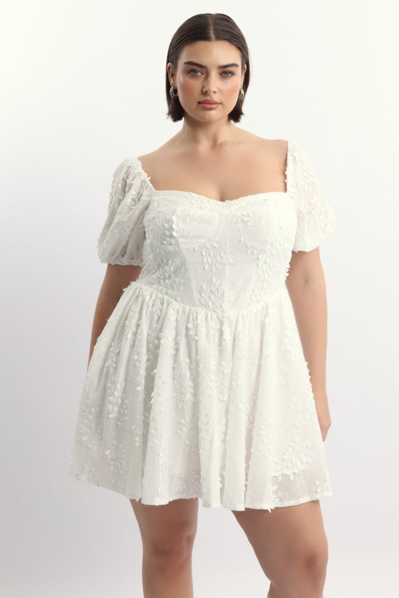 White Embossed Cotton Milkmaid Dress for YouandAll Fashion