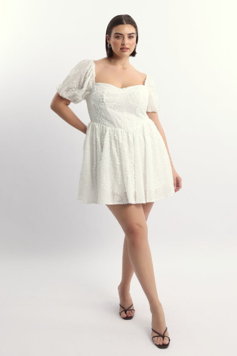 White Embossed Cotton Milkmaid Dress for YouandAll Fashion
