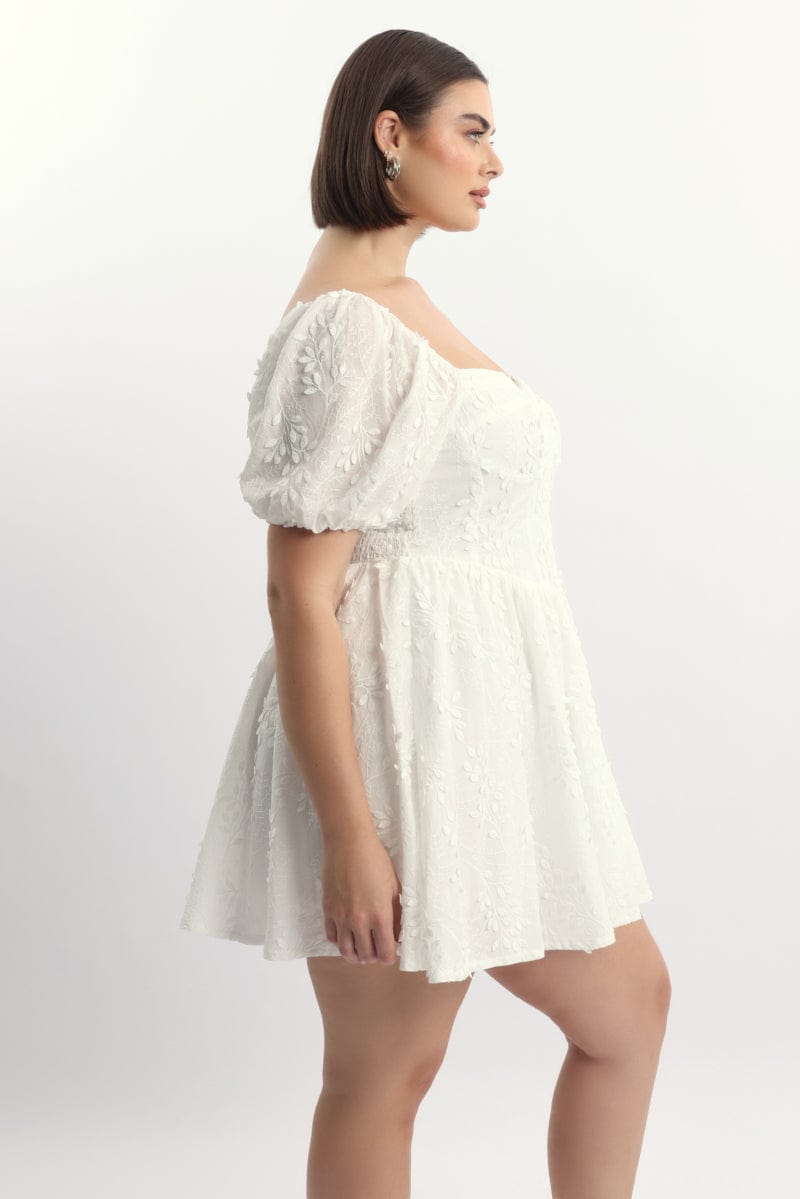 White Embossed Cotton Milkmaid Dress for YouandAll Fashion