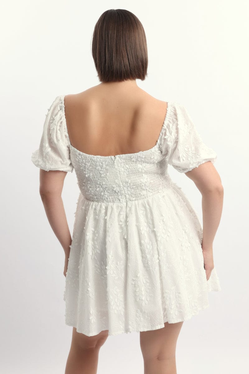 White Embossed Cotton Milkmaid Dress for YouandAll Fashion