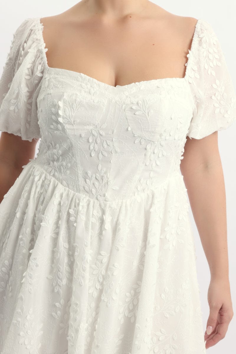 White Embossed Cotton Milkmaid Dress for YouandAll Fashion