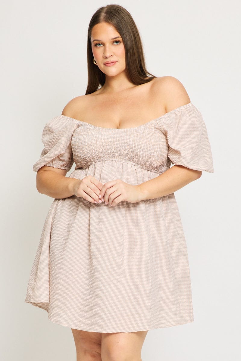 Beige Check Skater Dress Short Sleeve Shirred Bust | You & All Beige Check Skater Dress Short Sleeve Shirred Bust | You & All