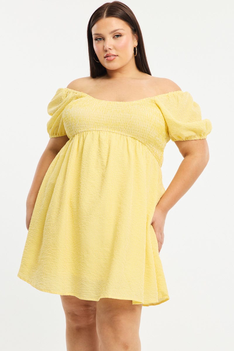 yellow skater dress Yellow Check Skater Dress Short Sleeve Shirred Bust