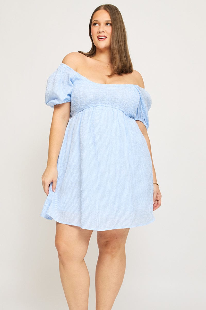 Blue Check Skater Dress Short Sleeve Shirred Bust | You & All Blue Check Skater Dress Short Sleeve Shirred Bust | You & All