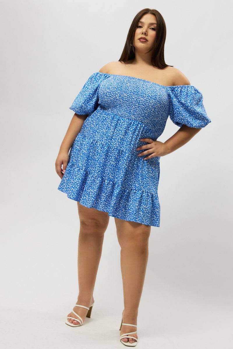 Blue Ditsy Shirred Bodice Puff Sleeve Mini Dress for YouandAll Fashion
