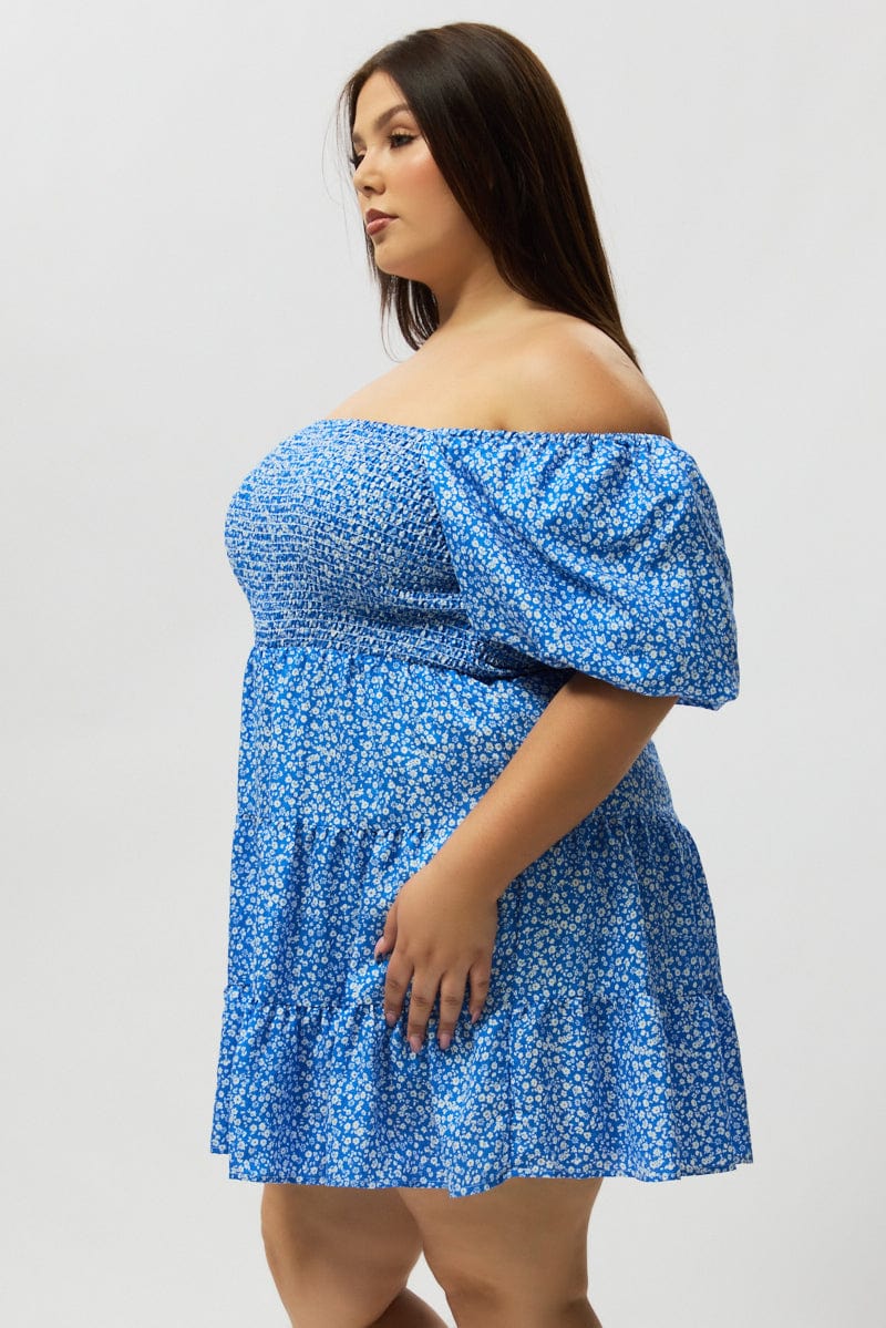 Blue Ditsy Shirred Bodice Puff Sleeve Mini Dress for YouandAll Fashion