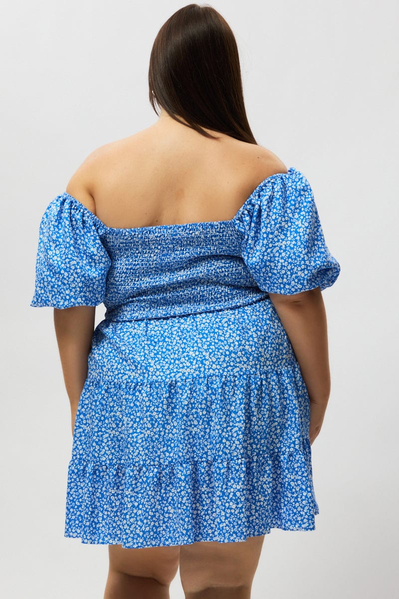 Blue Ditsy Shirred Bodice Puff Sleeve Mini Dress for YouandAll Fashion