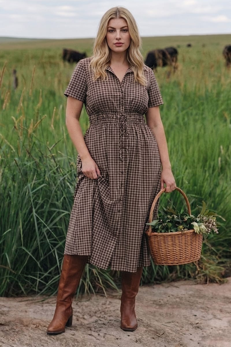 knee length dresses for ladies Green Check Peter Pan Collar Tartan Midi Shirt Dress – Pretty Kitty Fashion