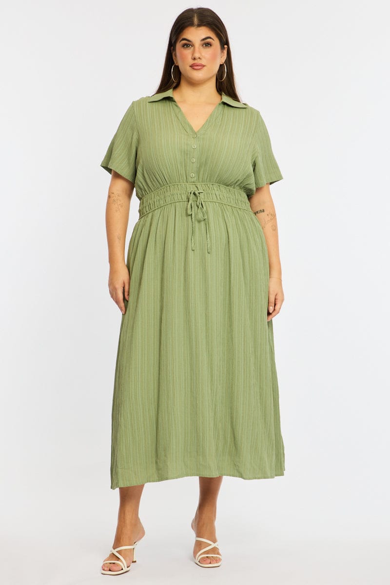 Green Midi Shirt Dress Short Sleeve Textured | You & All Green Midi Shirt Dress Short Sleeve Textured | You & All