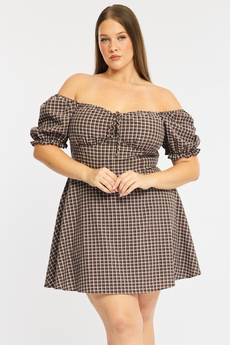 Brown Check Skater Dress Short Sleeve Plaid