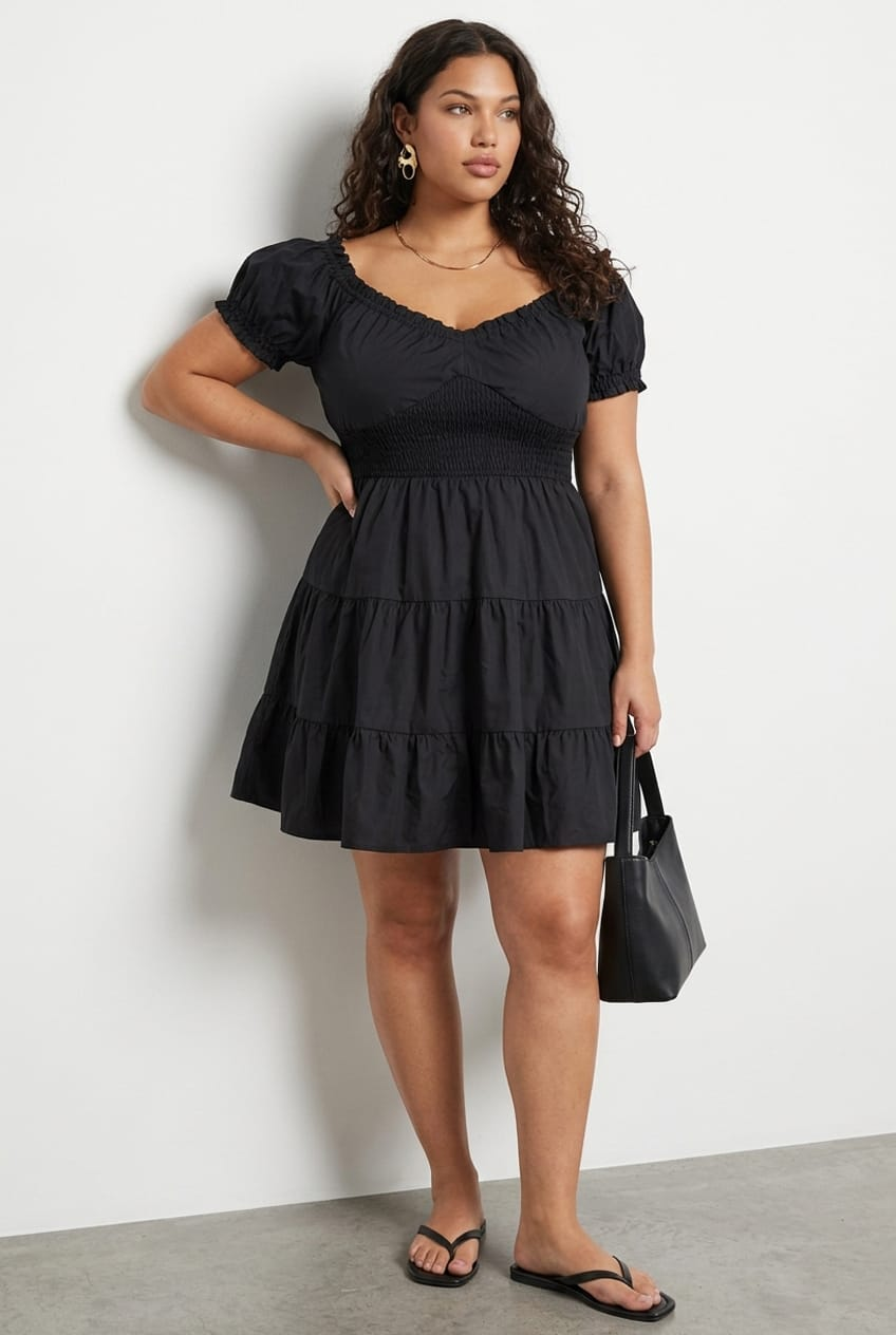 Black Fit And Flare Dress Short Sleeve Shirred