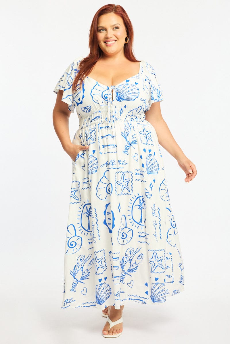 Blue Abstract Maxi Dress Short Sleeve Linen Blend | You & All Blue Abstract Maxi Dress Short Sleeve Linen Blend | You & All