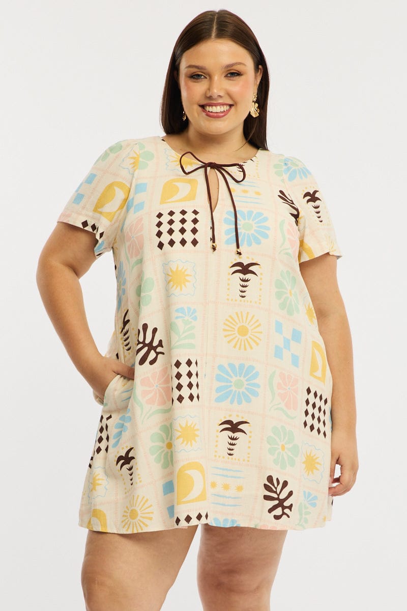 smock dress linen Multi Abstract Smock Dress Short Sleeve Linen Blend