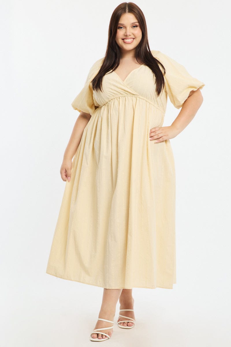 Beige Midi Dress Short Sleeve Textured Cotton | You & All Beige Midi Dress Short Sleeve Textured Cotton | You & All