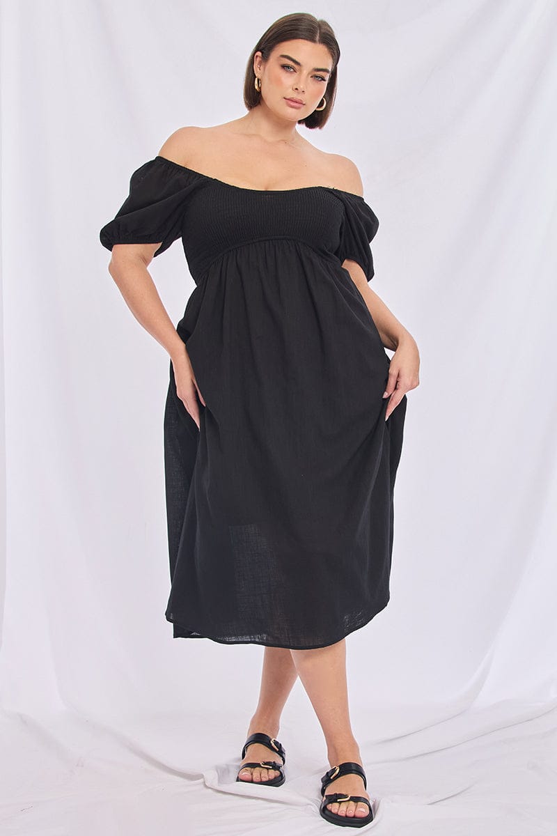 Black Shirred Midi Dress Short Sleeve