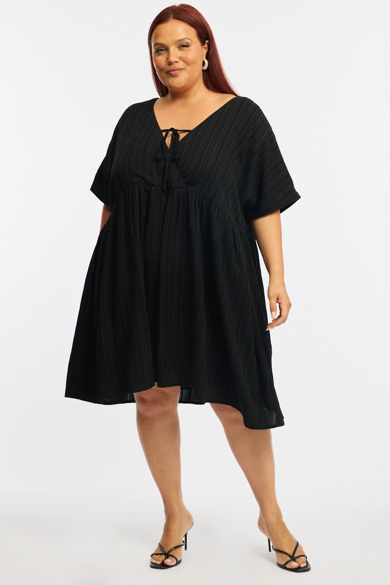 Black Mini Dress Textured Tie Front
