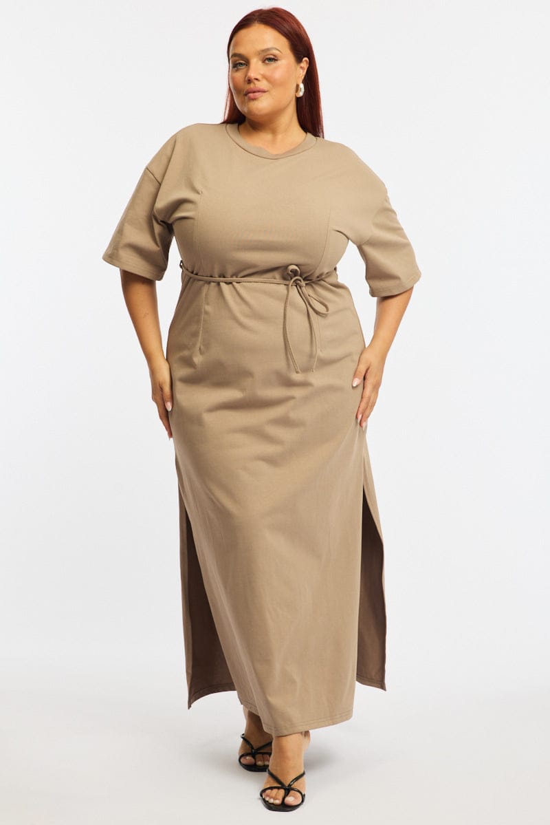Brown Maxi Dress Short Sleeve Self Tie